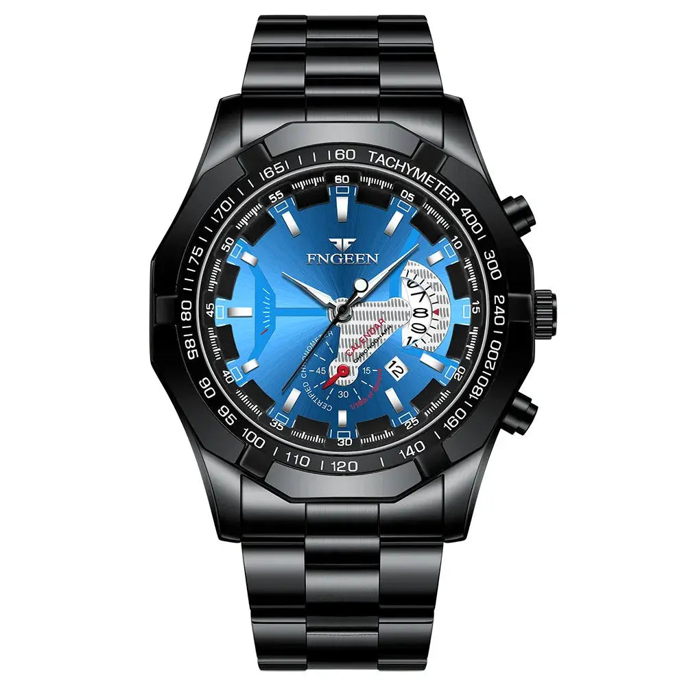 BINBOND men's stainless steel quartz watch with blue dial, luminous hands, date display, waterproof