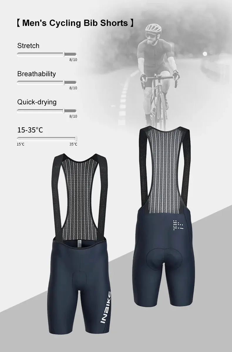 INBIKE men's cycling bib shorts in navy blue with mesh bib straps, front and back views