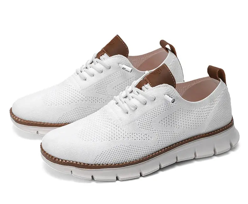 Simples Market men's mesh casual sneakers, breathable white non-leather shoes with brown heel tab