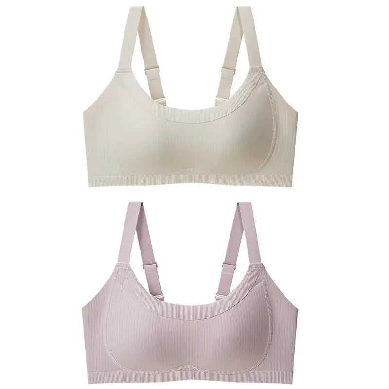 FallSweet seamless wireless bras; beige and lavender, full-cup, soft breathable fabric.