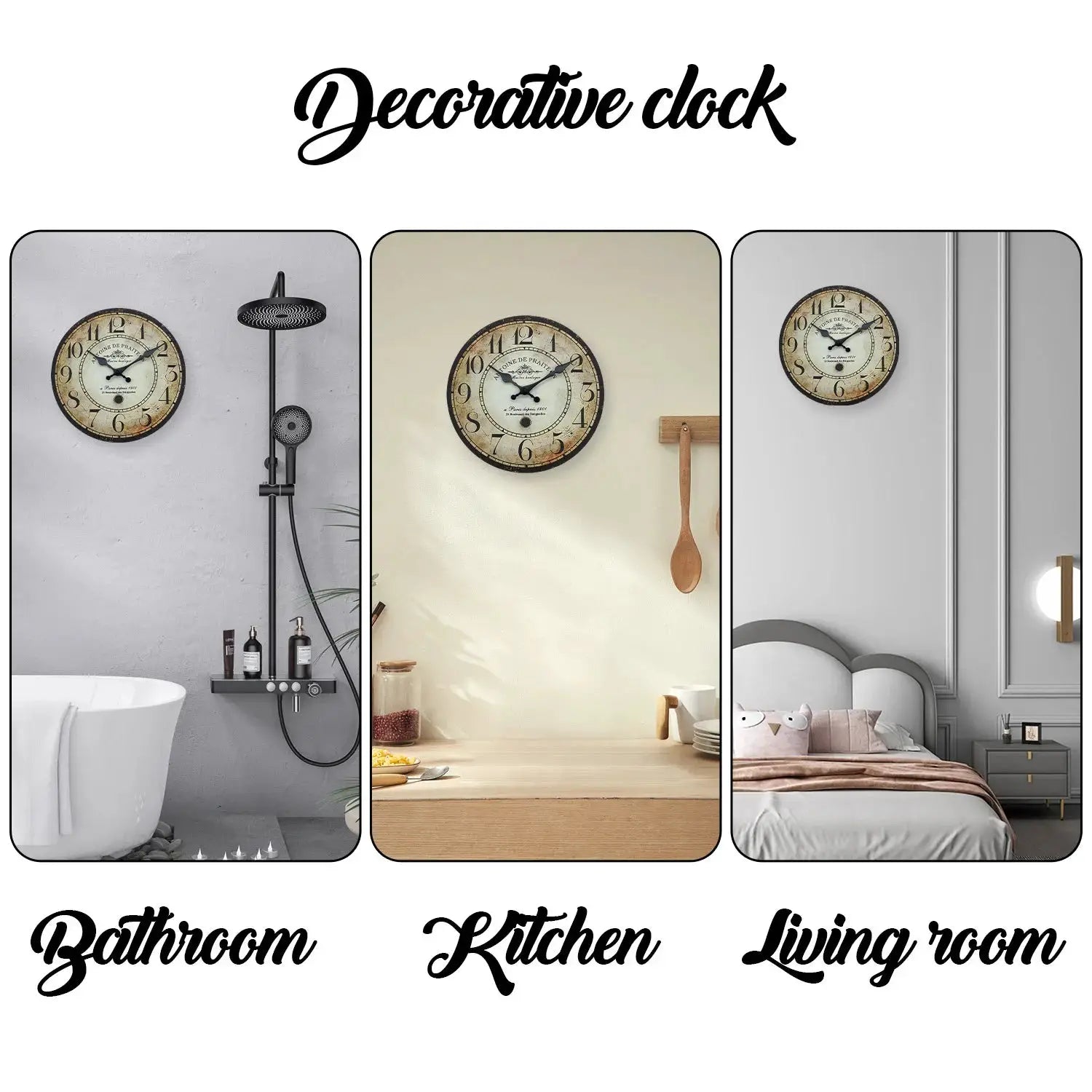 Simples Market retro wooden wall clock with antique Paris pattern, 10–16 inch, silent quartz; showcased in bathroom, kitchen and living room