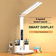 Simples Market LED clock table lamp; white two-head desk lamp, USB chargeable, dimmable with smart display
