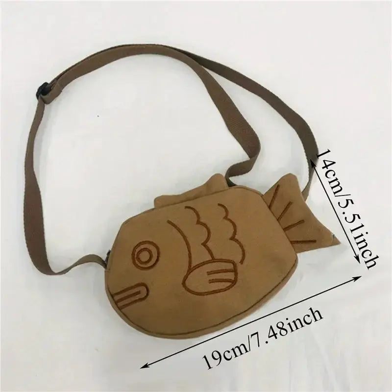 Fish-shaped canvas crossbody bag with cute embroidery, brown, Simples Market mini zippered purse