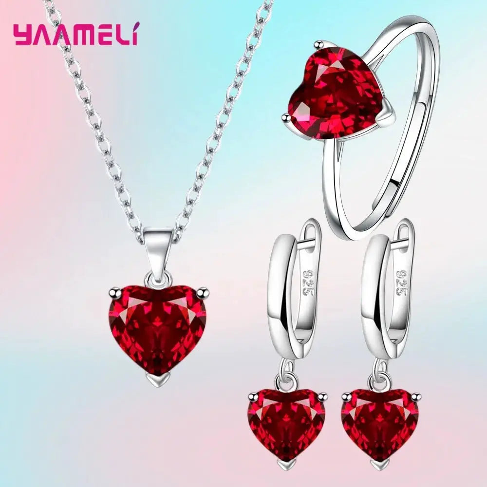 Fine 925 Sterling Silver Jewelry Gift Set For Women Heart Zircon Huggie Earrings Pendant Necklace Ring
