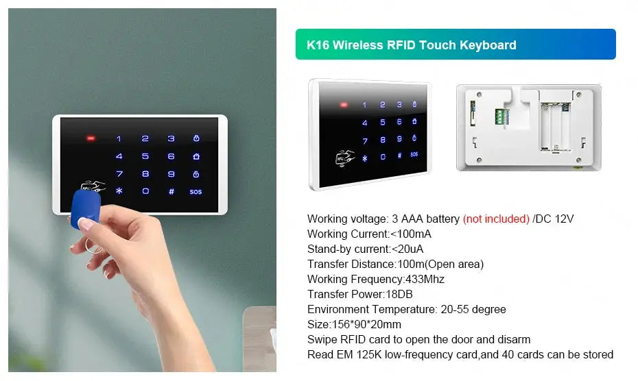 KERUI W184 4G WiFi GSM alarm system with RFID touch keypad and blue RFID card