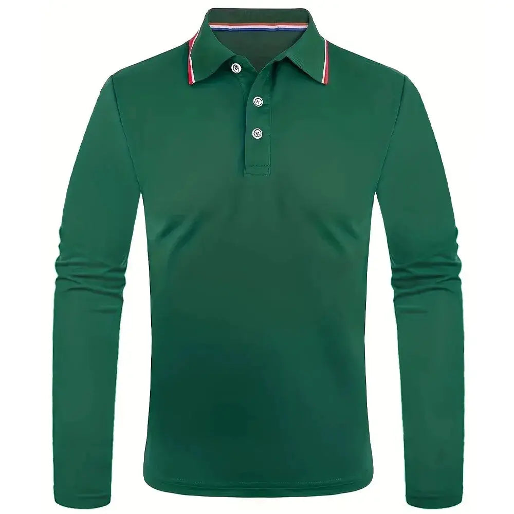 Men's green long-sleeve polo shirt with striped collar trim and three-button placket