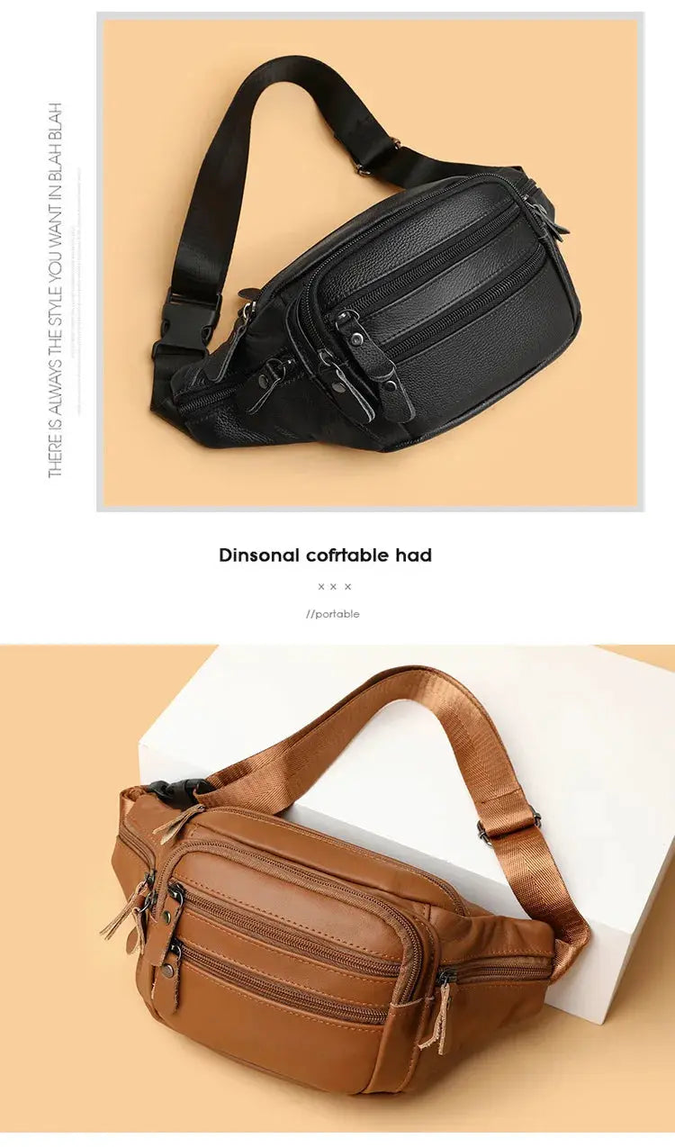 2 genuine leather fanny packs in black and brown with adjustable straps
