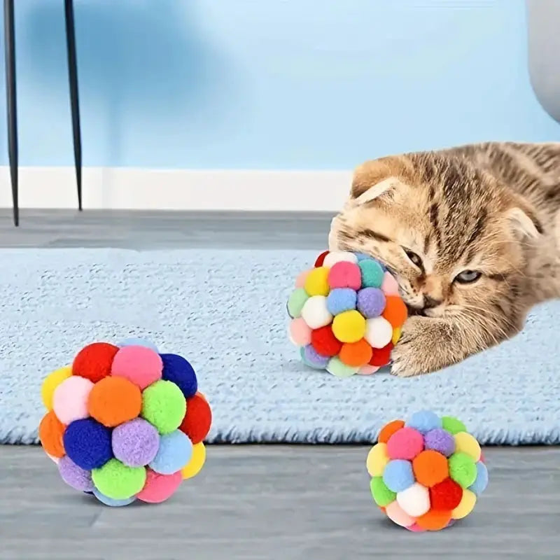 Cat plush ball toys set of three; colorful woolen pom-pom balls for cats