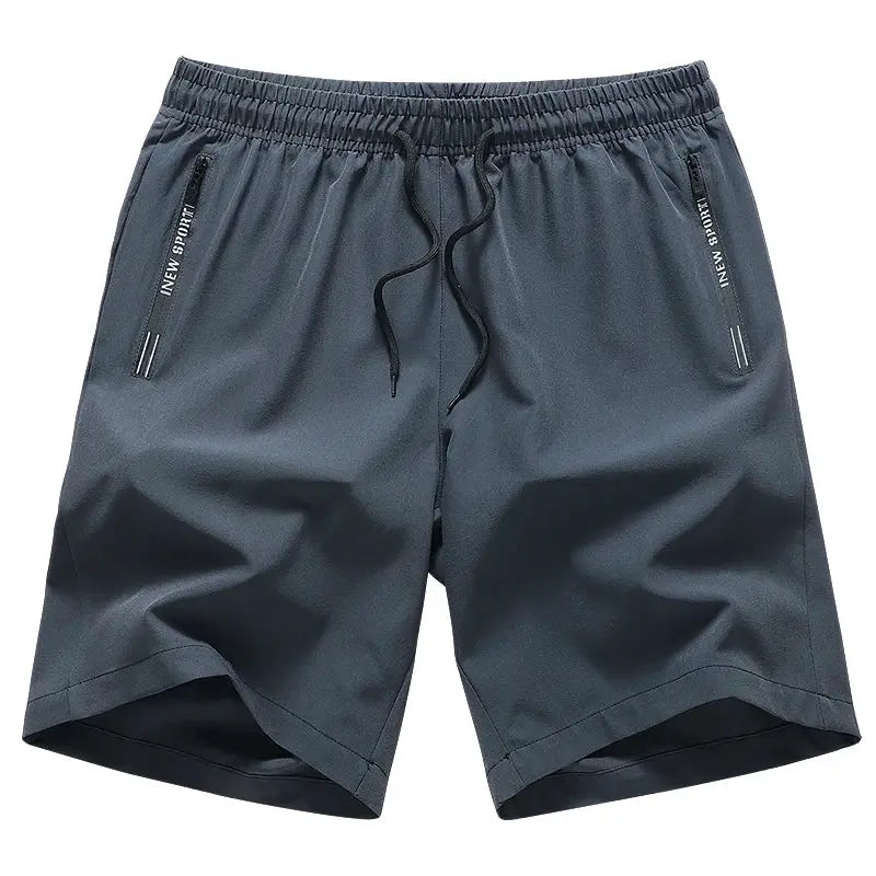Men's black gym shorts with drawstring, breathable quick-drying fabric, and zip pockets