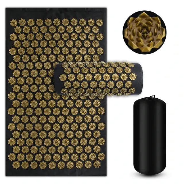 Simples Market acupressure mat set with gold spikes, roller, and carrying bag