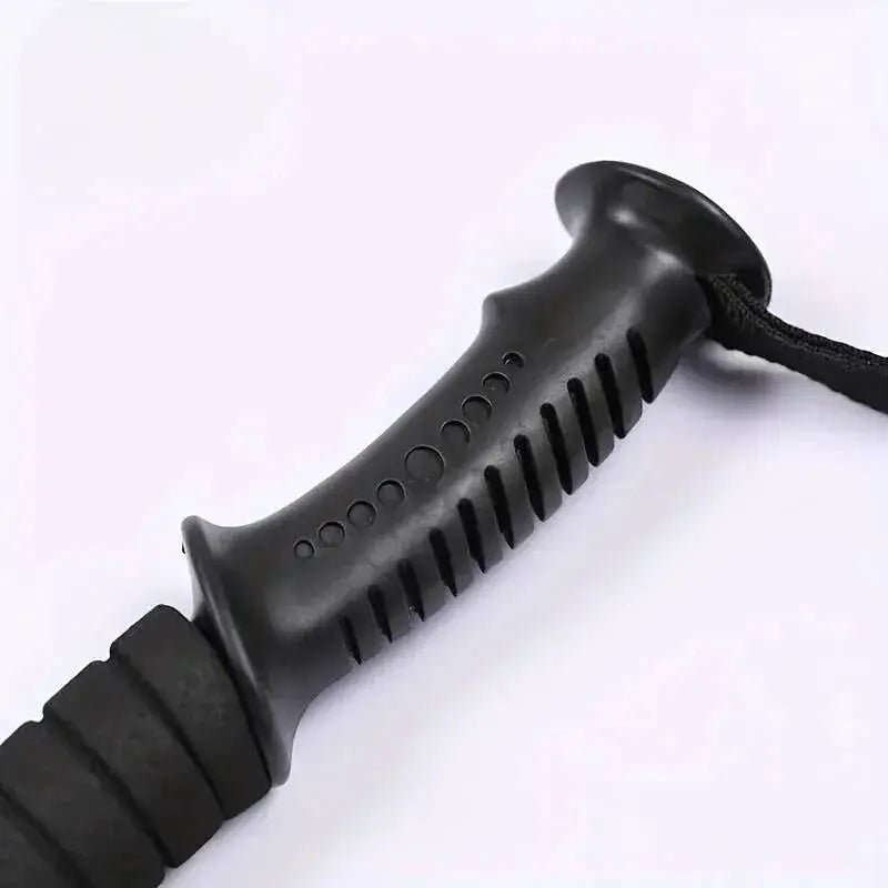 Trekking pole handle with ergonomic black grip and wrist strap; foldable ultralight design