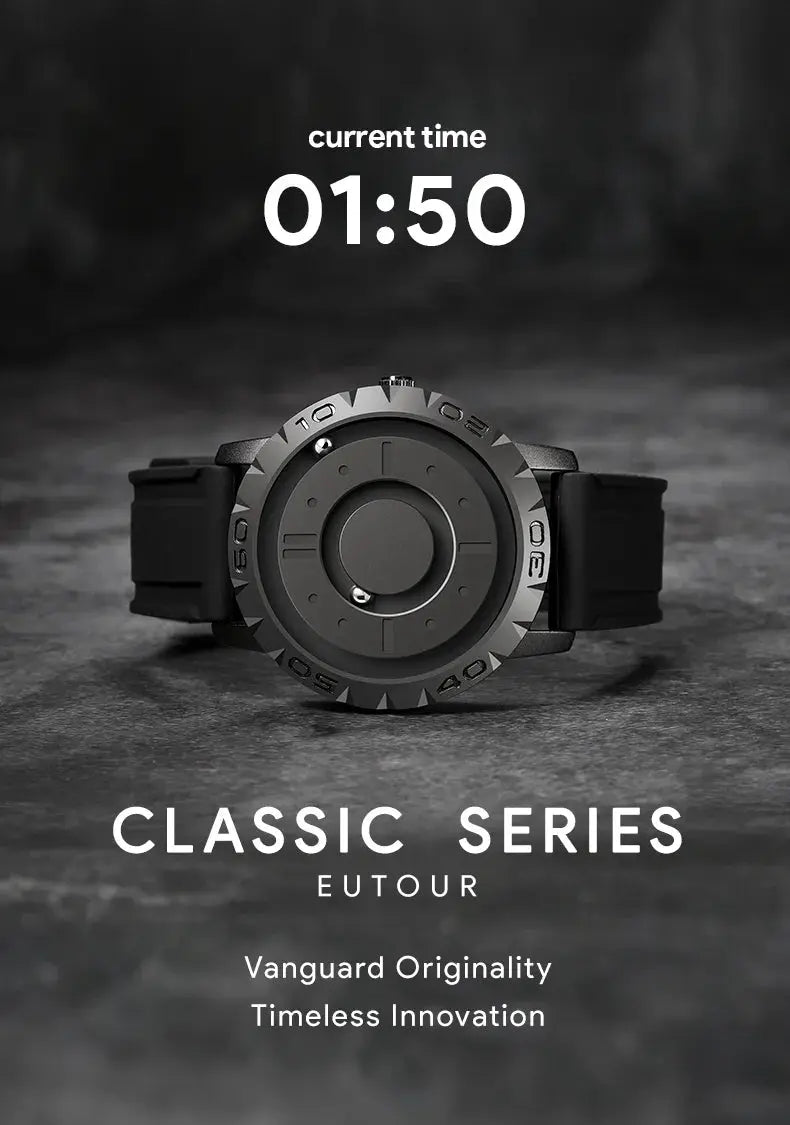 EUTOUR watch with black dial, black strap and stainless-steel bezel, classic series