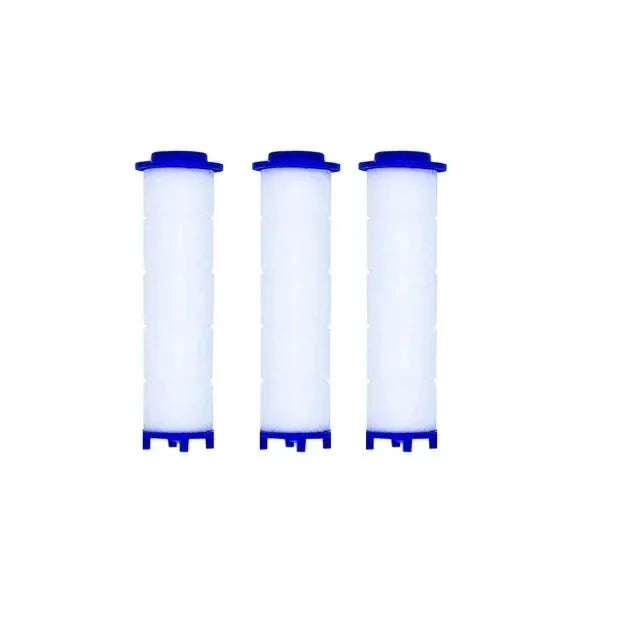 Shower filter cartridges: three white cylindrical units with blue ends
