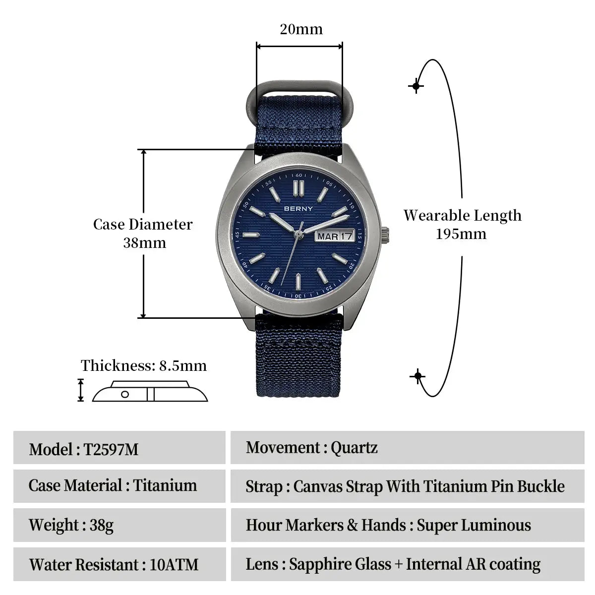 BERNY titanium men's watch with blue dial, sapphire glass, date window, 38mm case, blue fabric strap