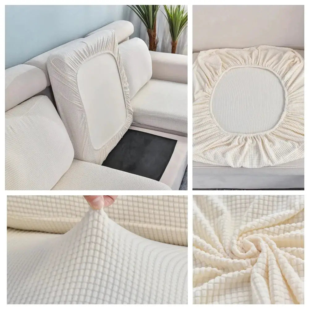 Simples Market elastic sofa cover set in ivory cream; thick waffle-knit slipcovers for sectional and round cushions