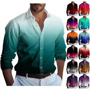 Men's gradient long-sleeve casual shirt in teal-to-black ombre with white buttons; color options shown