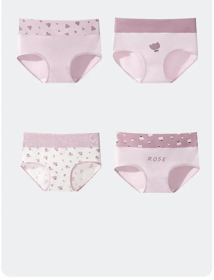 4-piece pink cotton women’s panties set with floral prints, high-rise soft briefs