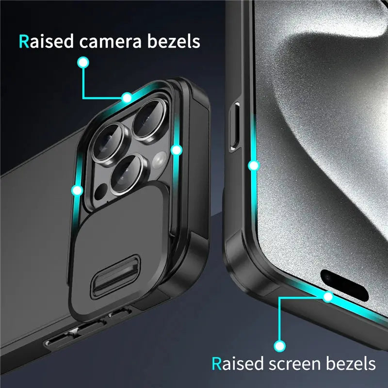 Simples Market slide camera protection case for iPhone models; matte black, shockproof armor with raised camera bezels