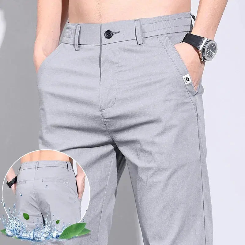 Simples Market ultrathin elastic men's casual pants in light gray ice-silk cotton, slim straight business trousers