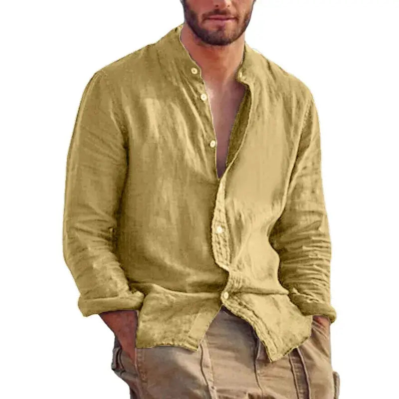 Men's linen long-sleeve shirt in olive with stand collar, sleeves rolled up