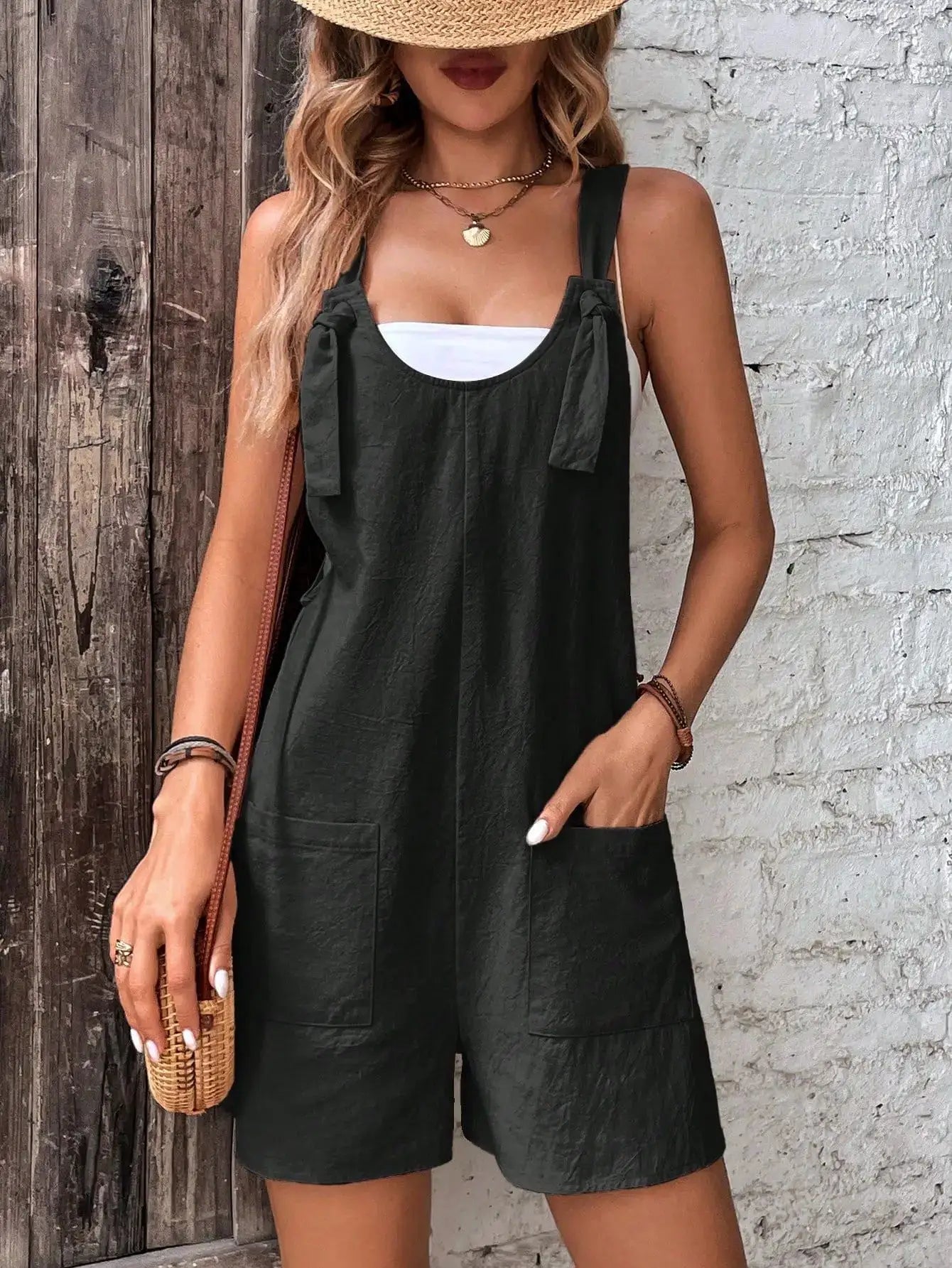 Women's Casual Summer Short Romper With Pockets Loose Overall Fit Sleeveless Wide Leg Jumpsuit