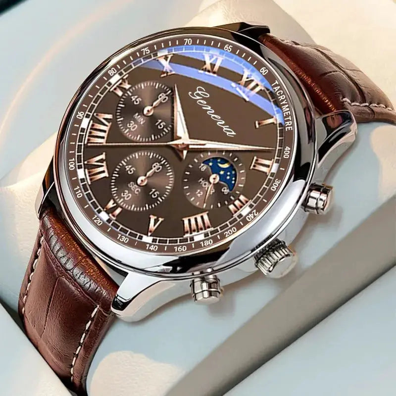 Mens PU Leather Strap Quartz Wristwatch With Stopwatch Durable Outdoor Casual Timepiece For Everyday Use