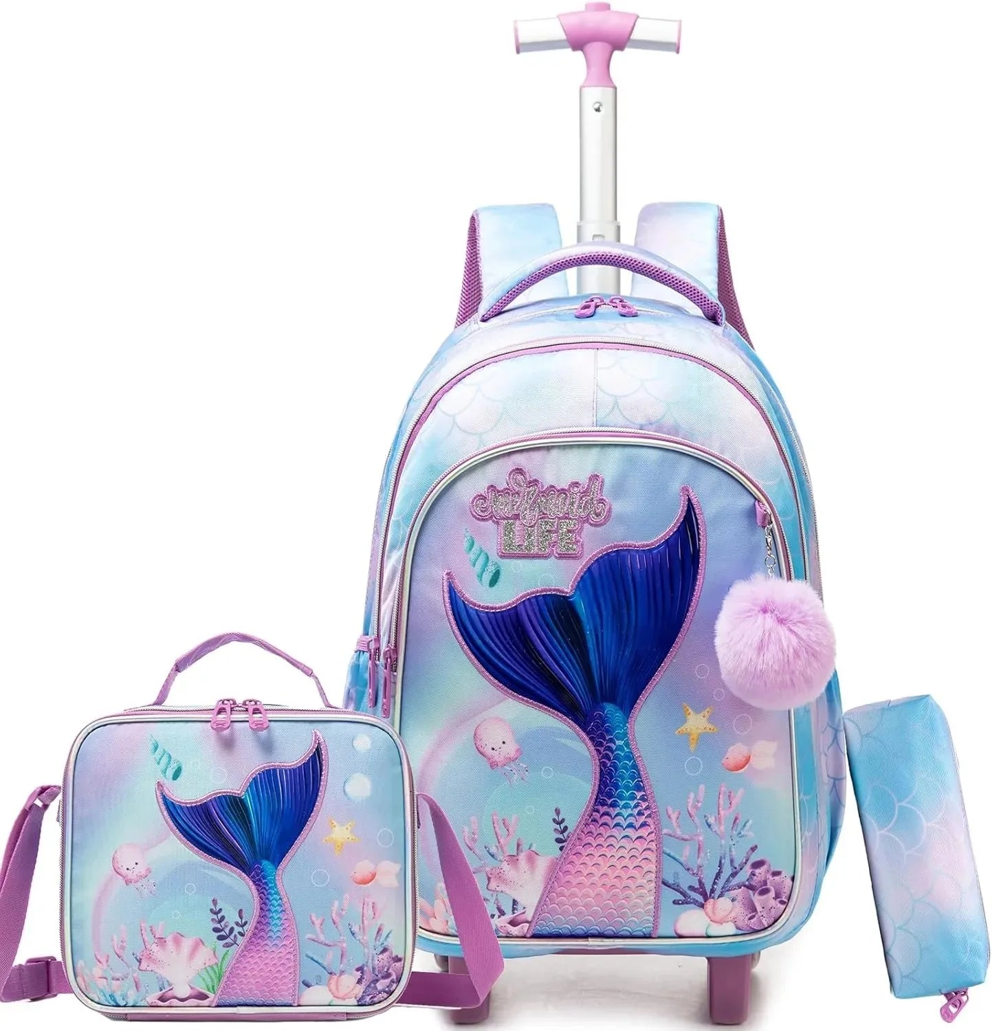 Children's wheeled backpack set with lunch box by Simples Market, pastel blue mermaid print