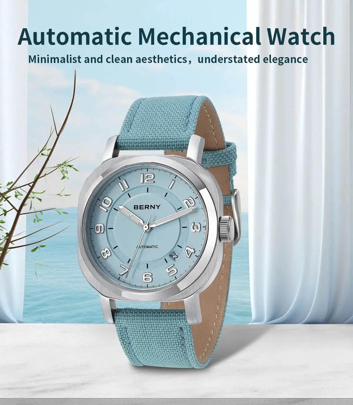 BERNY women's automatic watch with blue dial and blue fabric strap, stainless steel case
