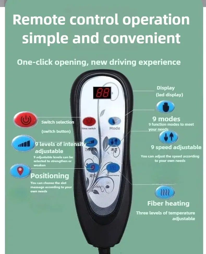 Black massage seat cushion remote control with blue buttons and LED display