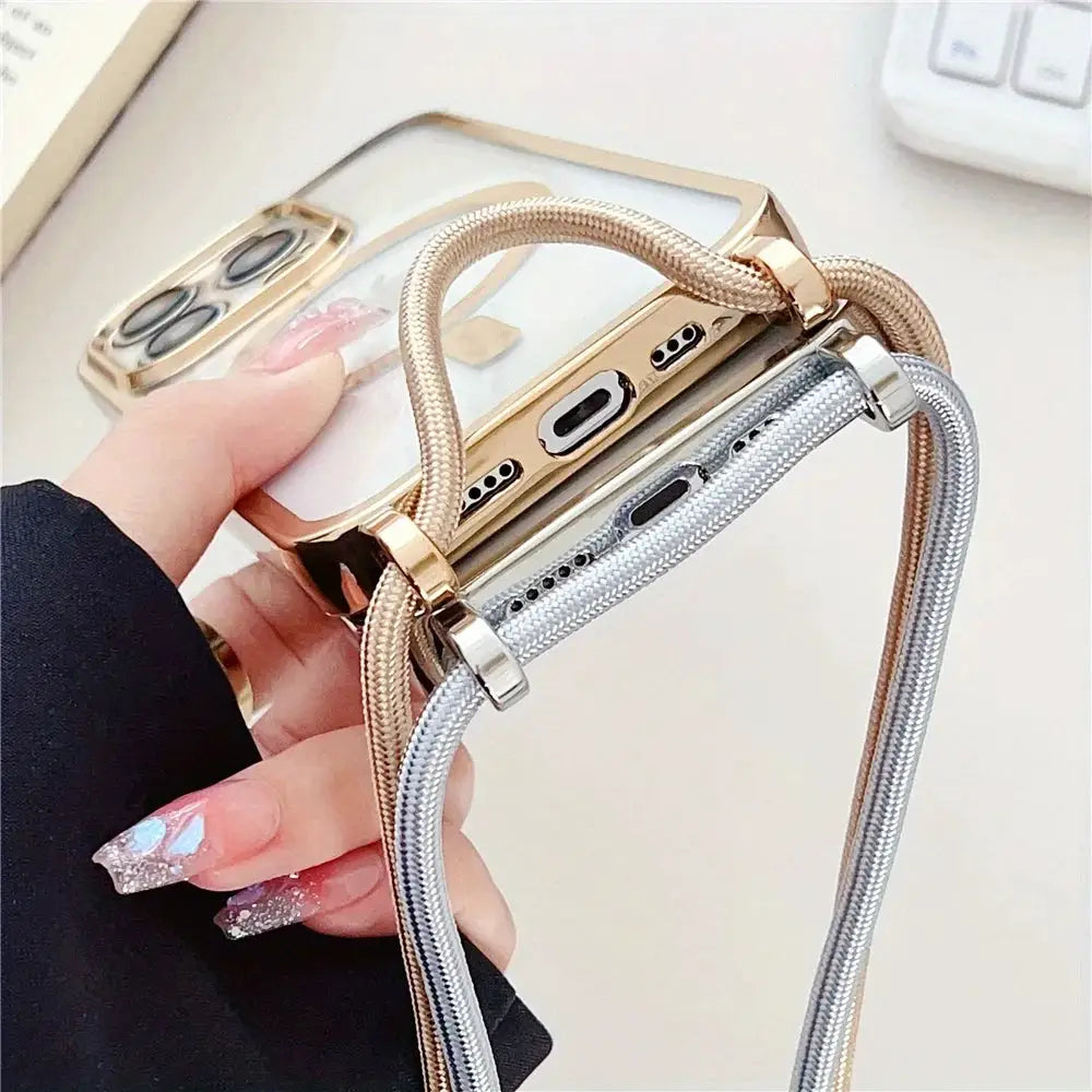 Crossbody plated lanyard phone case for iPhone MagSafe, gold and silver neck straps
