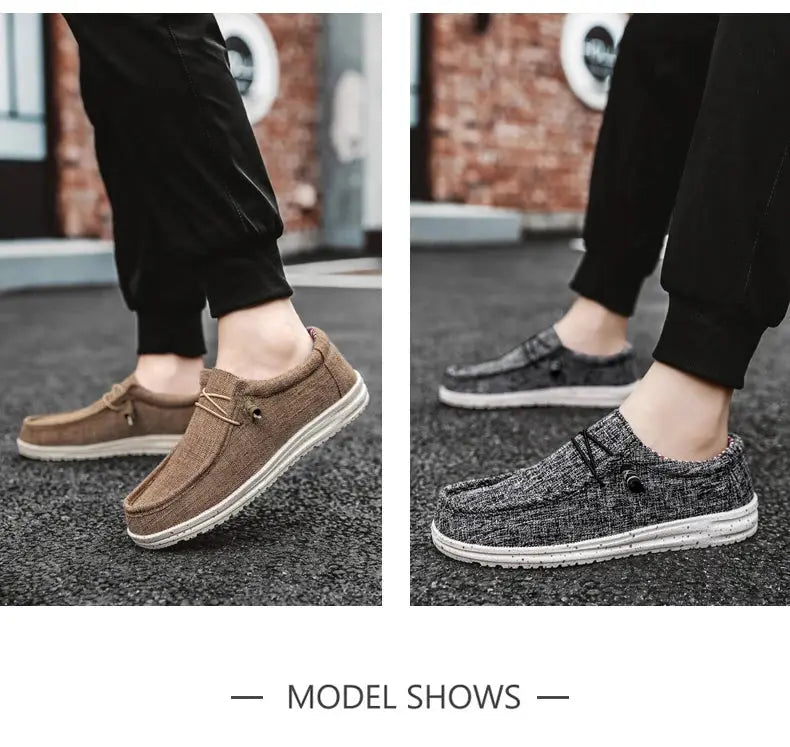 Men's casual loafers in tan canvas and gray knit uppers with white vulcanized soles, 2 color options shown