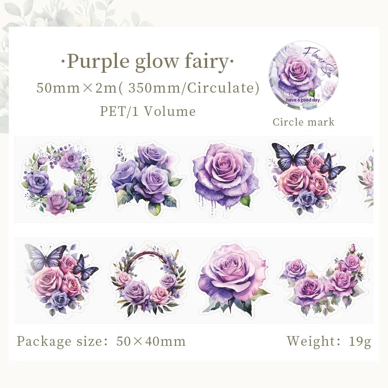 Mr.paper PET Washi Tape Flower Garden Series decorative tape set; 8 purple rose and butterfly designs