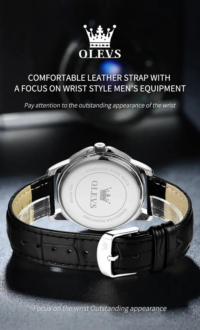 OLEVS men's watch with black leather strap and stainless steel back