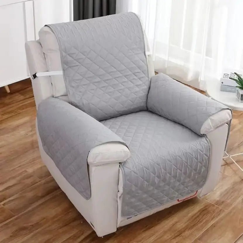 Recliner chair cover in gray quilted fabric; anti-slip, anti-wear protection