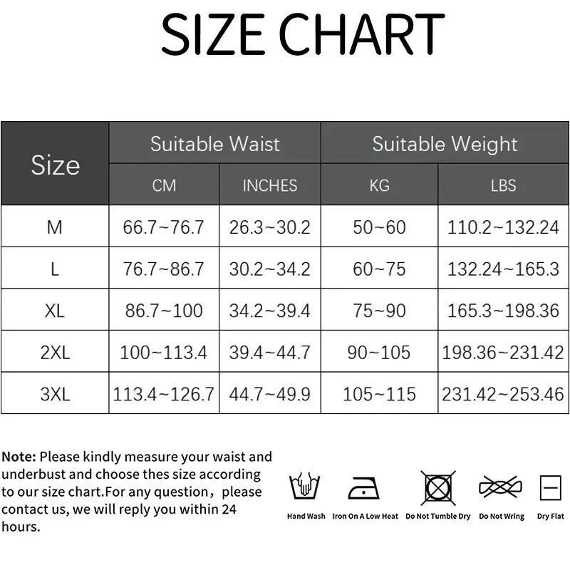 Simples Market men's body shaper tummy control compression shorts size chart with sizes M–3XL and waist ranges