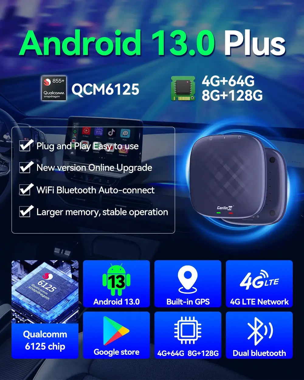 Simples Market Android 13 CarlinKit Android Auto Wireless CarPlay AI TV Box with QCM6125, 64G/128G storage