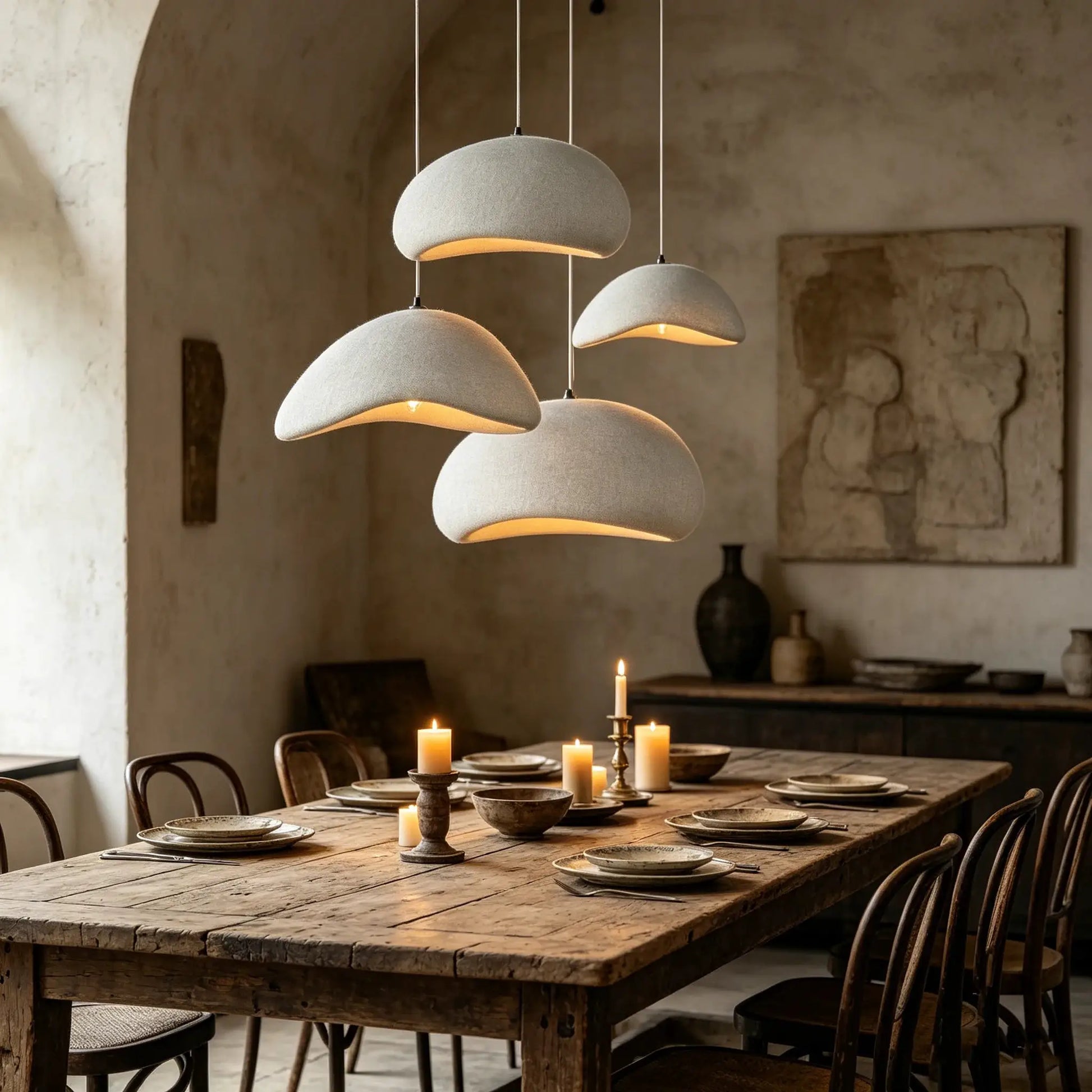 Nordic Wabi Sabi pendant lights; gray concrete dome lamps in a four-light cluster over a rustic dining table
