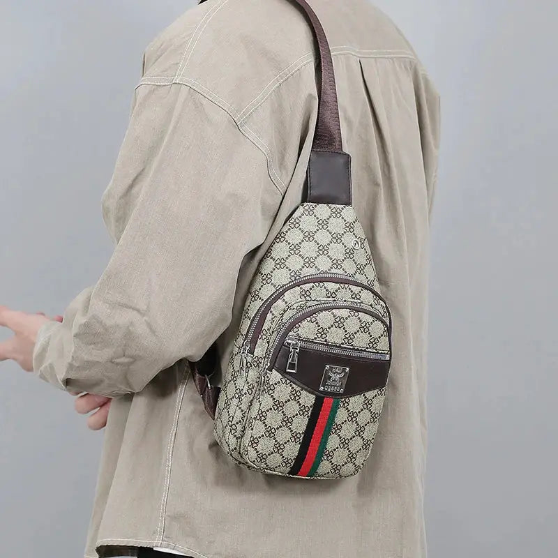 Men's multifunction crossbody messenger bag in beige monogram fabric with brown leather trim and green-red-green stripe