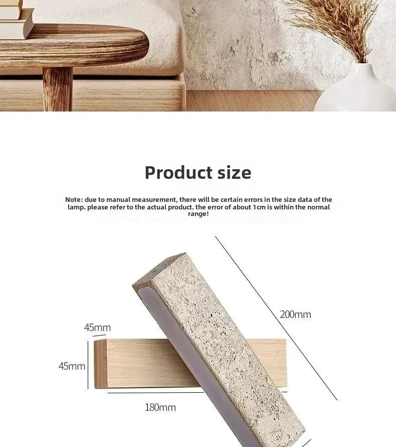 Natural stone wall lamp sconce by Simples Market with a wooden backboard and beige-gray concrete block design