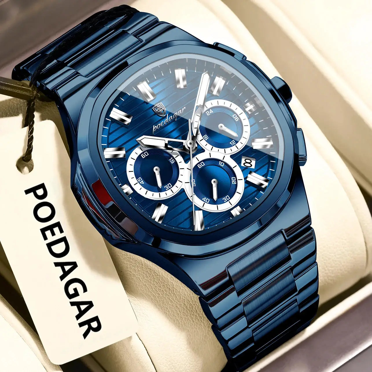 POEDAGAR men's blue stainless steel chronograph wristwatch with date