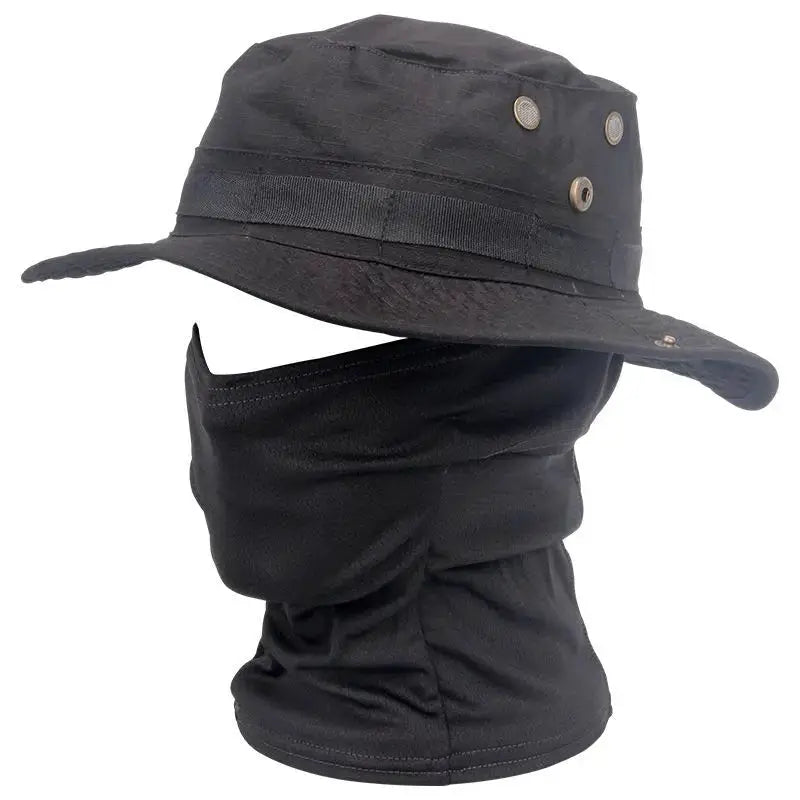 Boonie hat with neck gaiter, black, adjustable for outdoor hiking and sun protection