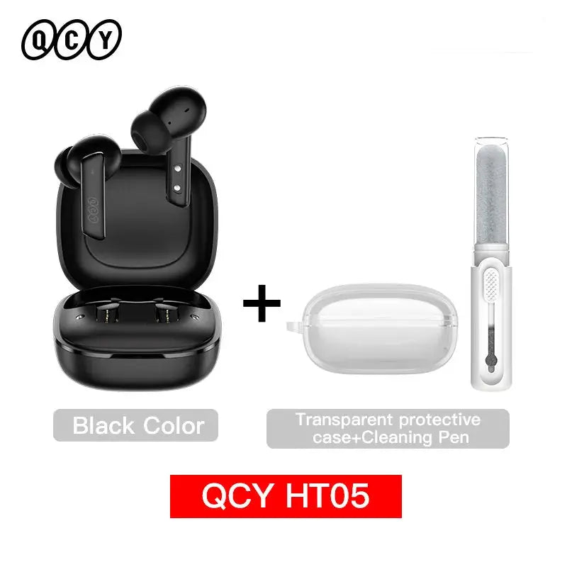QCY HT05 ANC wireless earphones in black with charging case; includes transparent protective case and cleaning pen