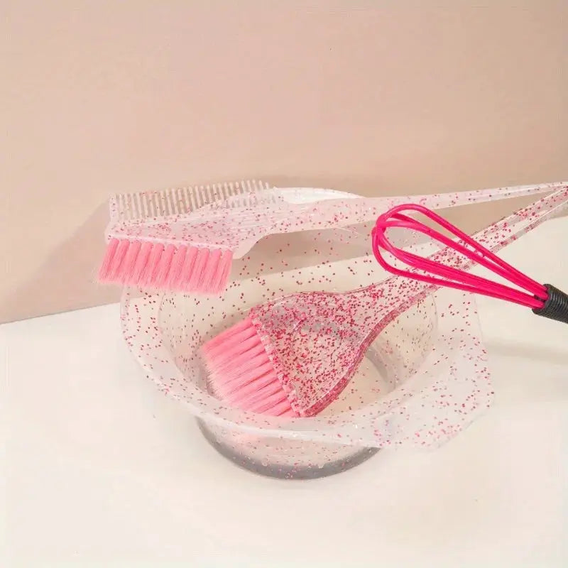 4-piece pink hair styling and highlight dyeing set with glitter bag; includes pearl dyeing brush and soft pink brushes.
