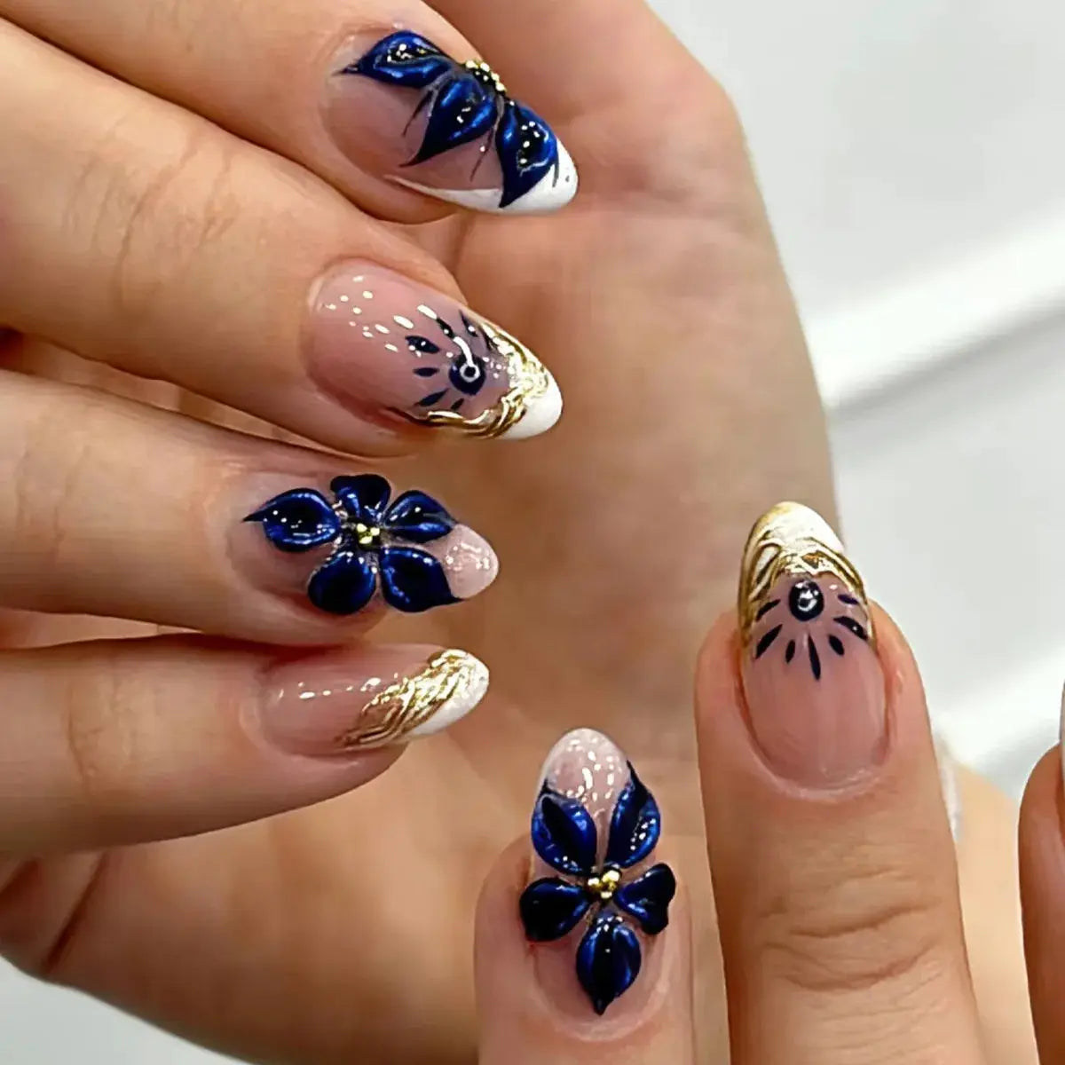 GlamNail Pink Almond Press On Nails Full Coverage Carved Flower 3D Ripple French Tips Golden Pearl Finish