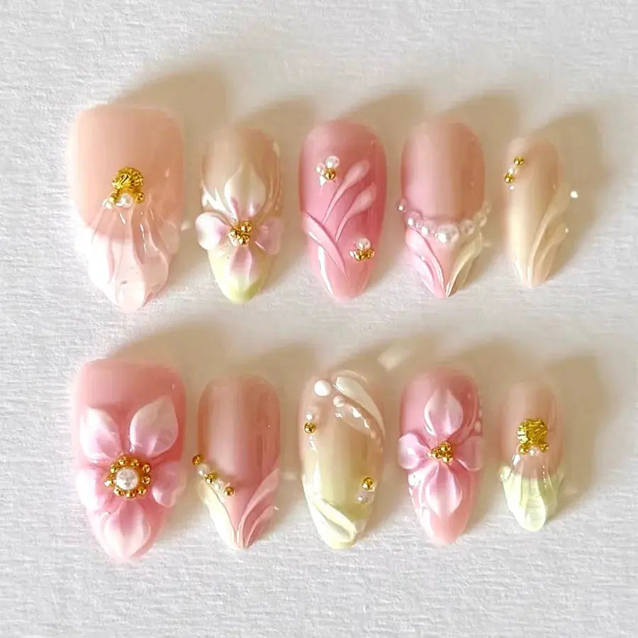 GlamNail Pink Almond Press On Nails Full Coverage Carved Flower 3D Ripple French Tips Golden Pearl Finish