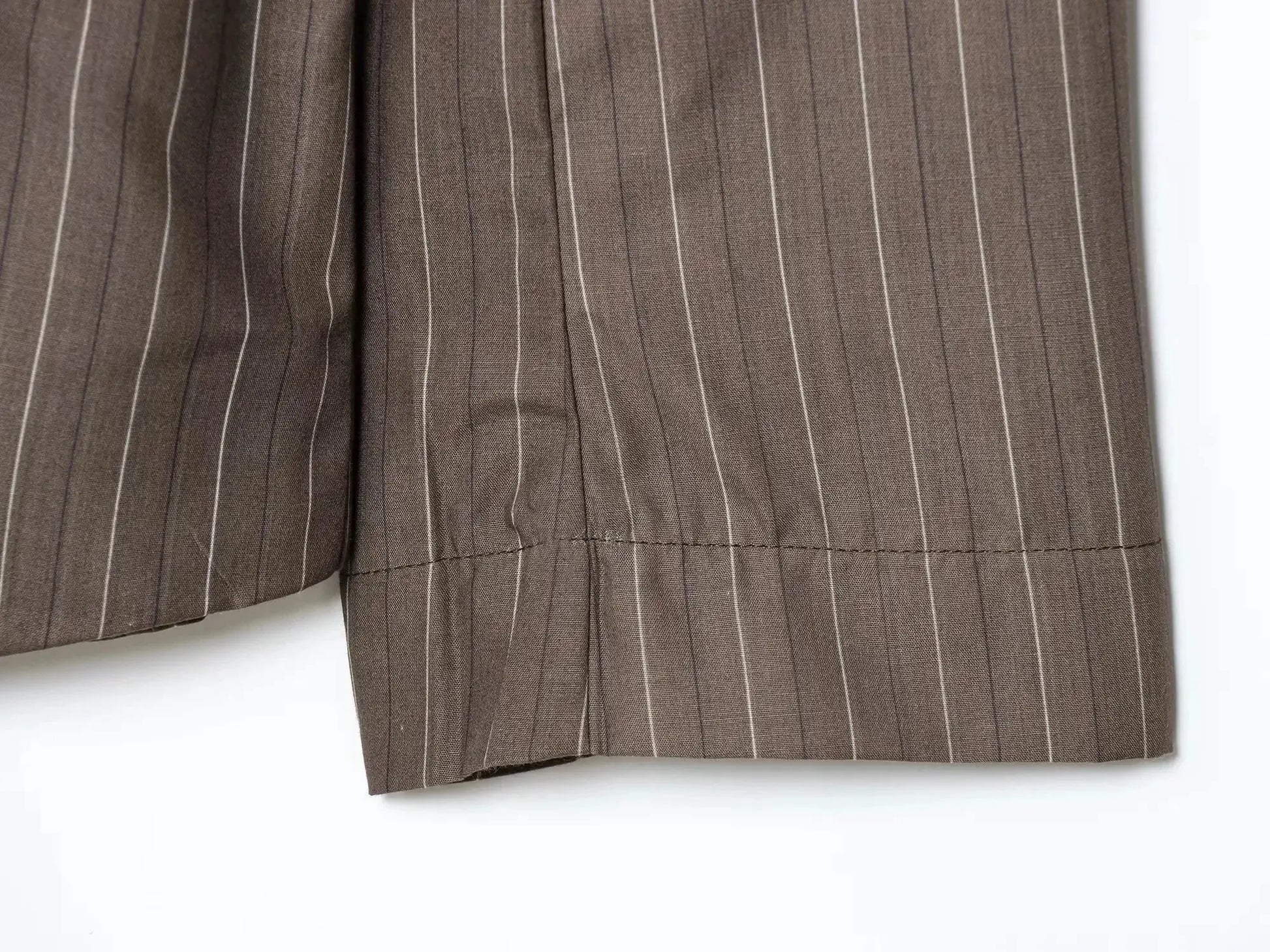 KONDALA brown striped office suit blazer and wide-leg pants, Simples Market; pinstripe fabric close-up