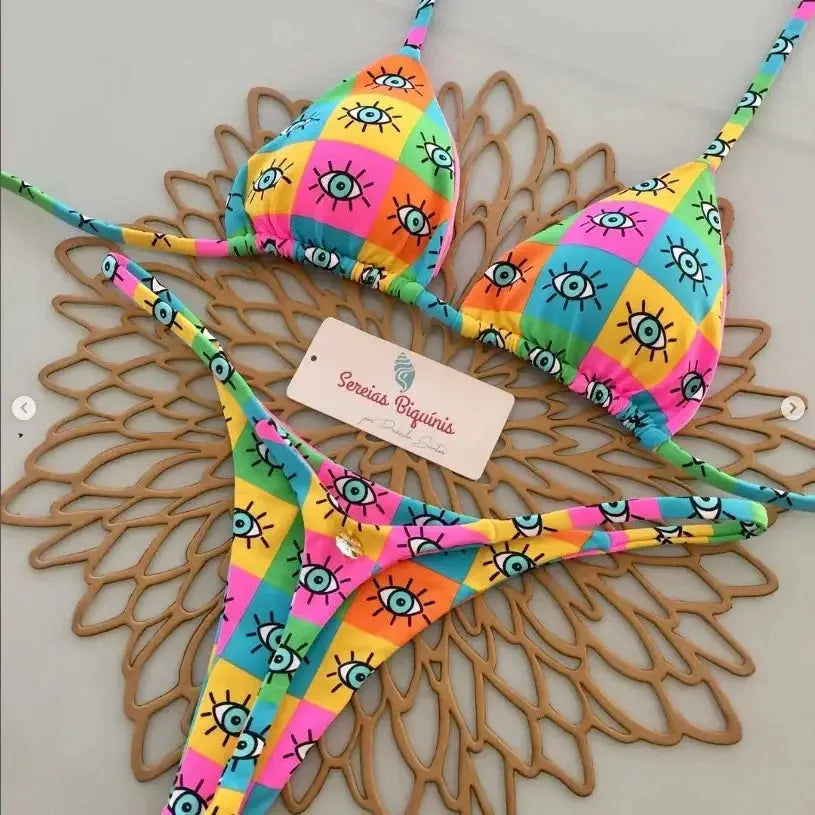 Bikini set with halter lace-up top and thong bottom, rainbow check pattern with eye motifs, Simples Market