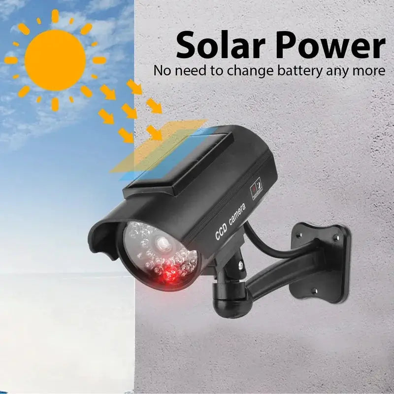 Alarmest fake solar CCTV camera, black plastic dummy with flashing red LED for outdoor/indoor surveillance use