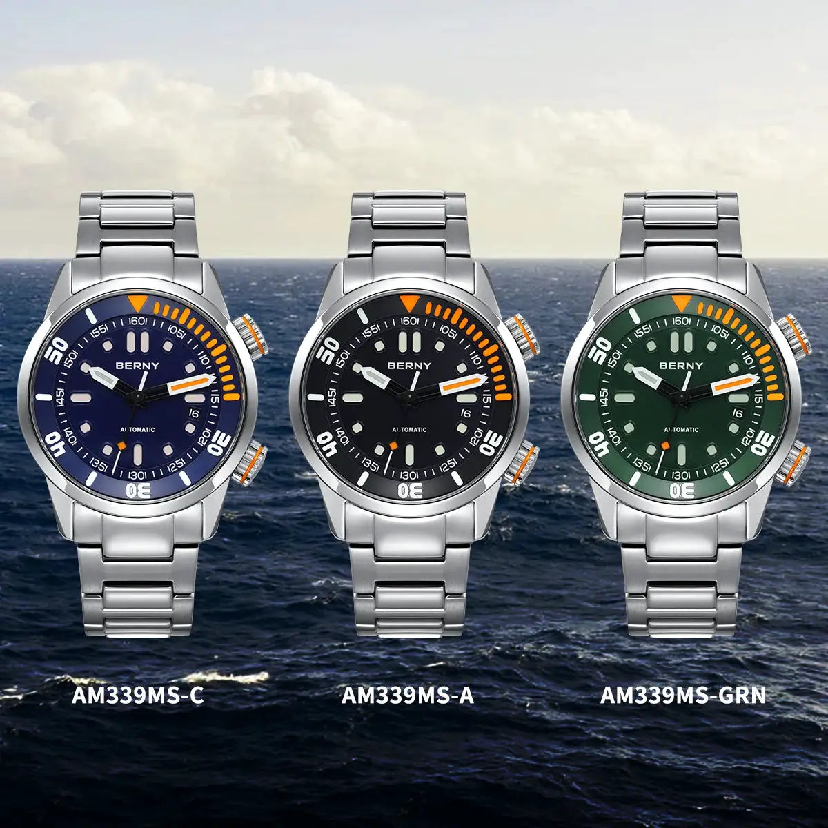 Three BERNY automatic dive watches for men in blue, black, and green dials with stainless steel bracelets