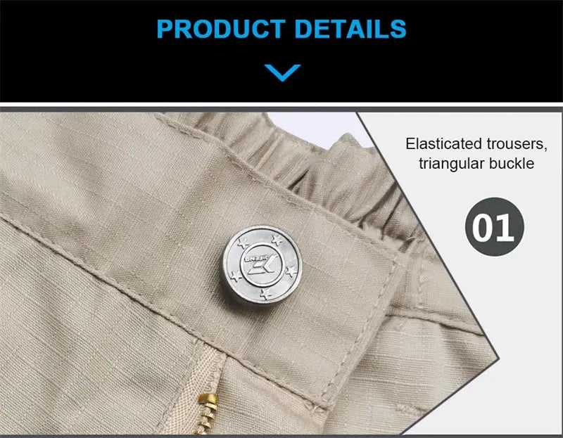 Beige tactical cargo pants for men with elastic waistband, zip fly and multiple pockets